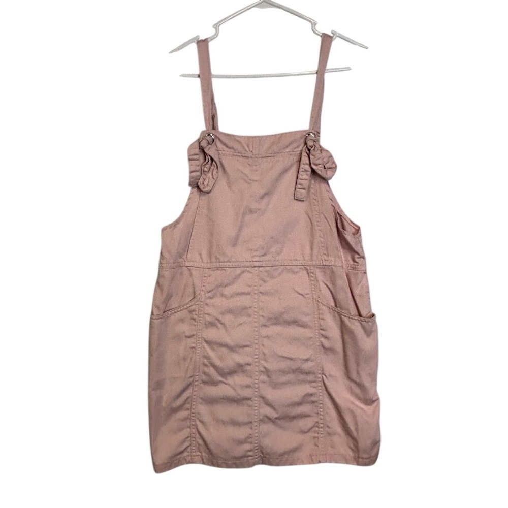 H&M Pink Denim Pinafore Overall Dress Size 12 Mini Knot Strap Detail Pockets